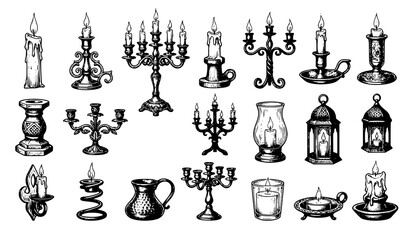 Fototapeta premium Retro Burning Candle and Antique Candelabra Clipart Collection Hand Drawn Vintage Vector