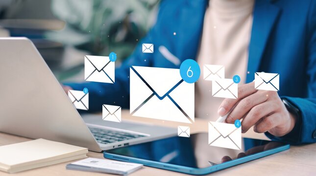 Business professional using laptop and tablet with digital email icons, modern office communication, social media marketing strategy, online messaging notifications on screen.