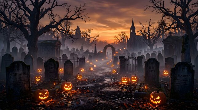 A spooky graveyard scene at sunset with glowing jack o lanterns for a happy halloween holiday celebration