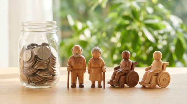 Wooden figurines of elderly people and individuals in wheelchairs standing next to a glass jar filled with silver coins on a wooden table with a blurred green garden background