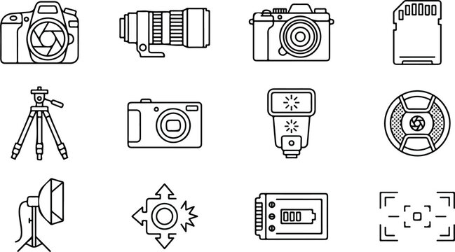 Photography and camera gear icons set photo studio equipment outline vector illustration