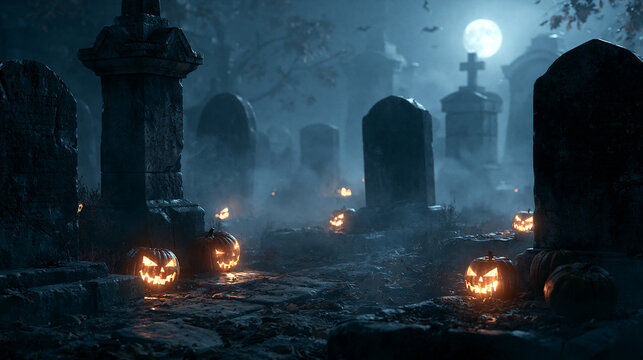 Spooky carved pumpkins glowing inside a foggy graveyard scene at night on white background