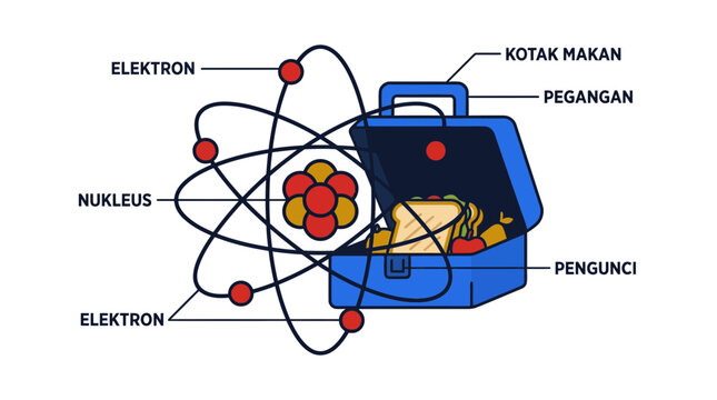 Atom food box illustration: nucleus, electrons, lunchbox with food