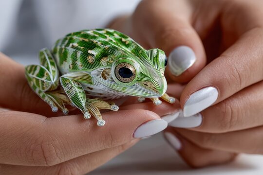 Close-up of a green frog held carefully in hands with intricate markings and unique design