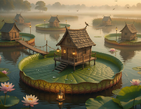 Whimsical Floating Wooden Houses on Giant Lily Pads in a Peaceful Lotus Pond