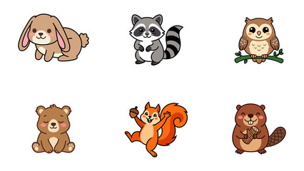 Set of cute cartoon forest animals, including a rabbit, raccoon, owl, bear, squirrel, and beaver, isolated on transparent background