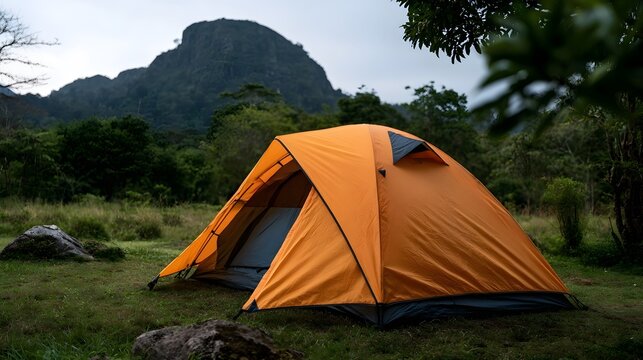 An orange dome tent set up on grassy terrain with a forested hillside and rocky outcrop in the background under an overcast sky