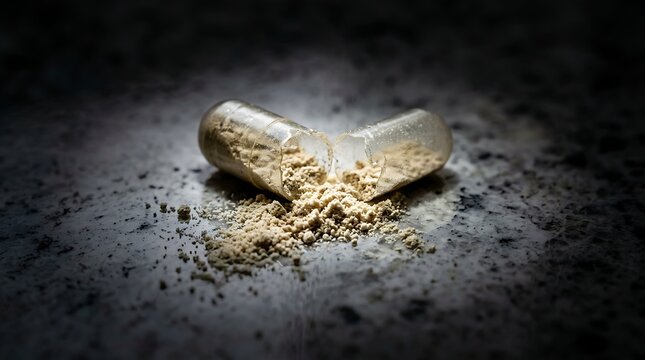 Open medicine capsule with powder spilled on surface. Healthcare concept for pharmaceutical design.