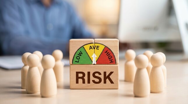 Wooden peg dolls surrounding stacked blocks with a risk assessment gauge showing low average and levels on a desk with a blurred person in the background