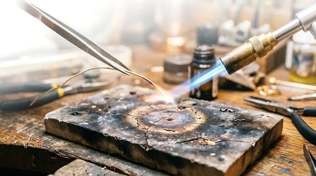 Jeweler soldering metal wire with a torch on a block. Ideal for artisan crafting workshops.