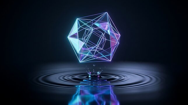 Abstract geometric wireframe shape floating above water ripples with neon light reflections. Digital art concept for.