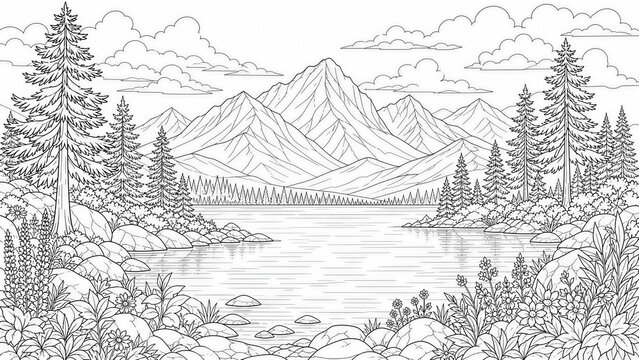 Beautiful mountain landscape with pine tree forest and lake, black and white line art coloring page for adults and kids