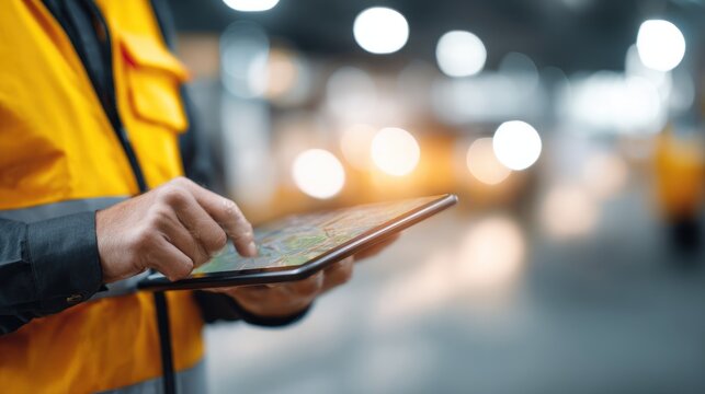 Worker using tablet in warehouse