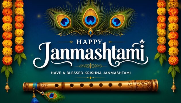Green color happy janmashtami festival peacock feather background.