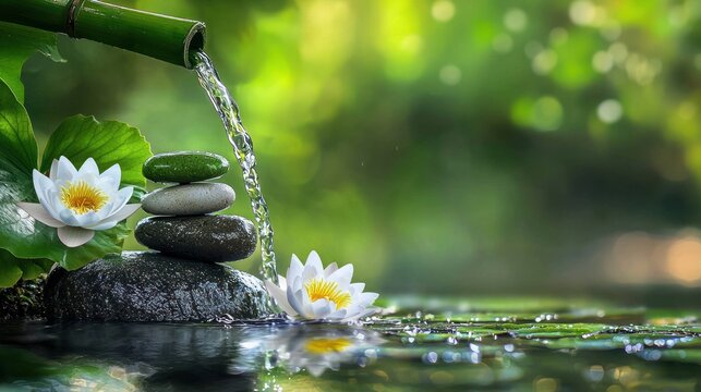 Zen garden with water and lily flowers