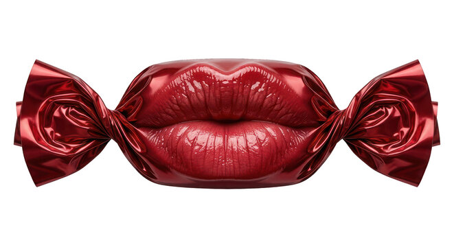 Red lips candy wrapper, surrealism, lips as sweet treat, seductive, glossy, isolated