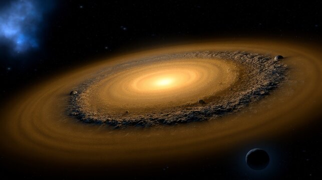 Warped protoplanetary disk around star with glowing rings, dark space background, planet formation concept
