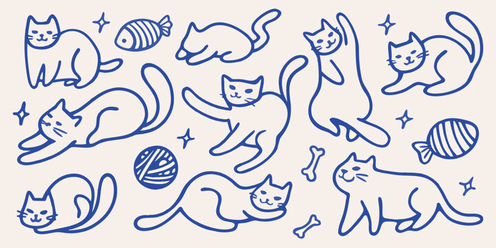 Blue line art illustration depicting multiple cats fish skeletons and yarn balls on a cream colored background felines kittens cat lines hand drawn sketch
