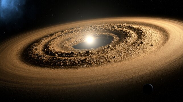 Warped protoplanetary disk around star with glowing rings, dark space background, planet formation concept
