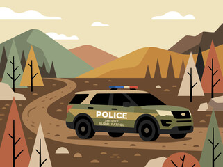 Modern Police SUV Highway Patrol Vehicle Driving on Mountain Road Illustration. © Fajar Amina