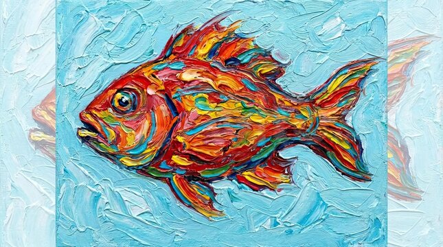 Colorful impasto oil painting of fish on blue background