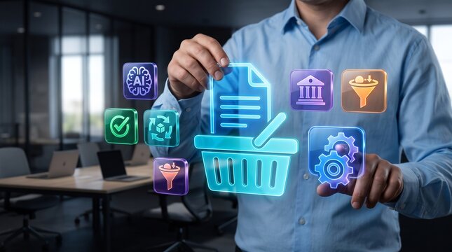 Purchase Requisition Management Platform with Large Holographic Procurement Request, Approval Workflow, Purchasing Automation and Enterprise Digital Procurement Technology