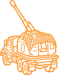 Obraz premium Modern Military Self-Propelled Artillery Vehicle Equipped with Camouflage Net, Doodle Line Art for Tactical Operations