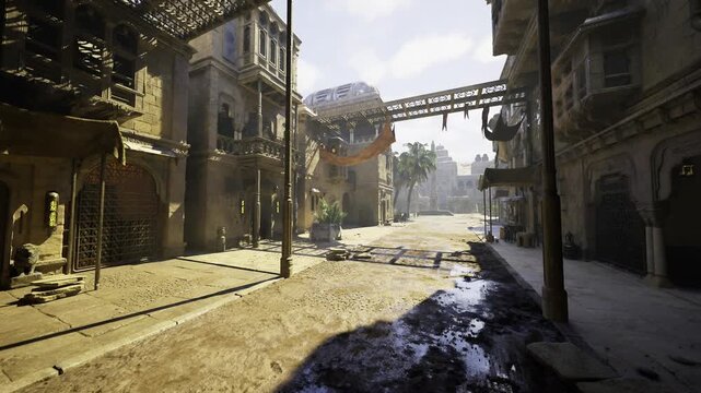 sunlit marketplace street under patterned canopy, vendor preopening scene, shuttered stalls and awnings casting lattice shadows on dusty pavement, quiet