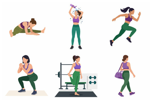 Set of flat illustrations featuring a woman engaged in various fitness activities including stretching, running, squatting, and gym workouts for a healthy lifestyle.