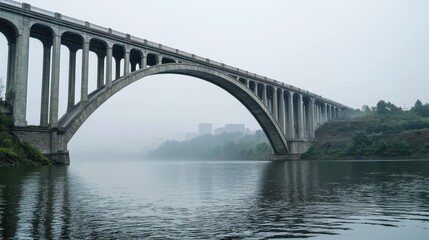 Fototapeta premium Majestic arch bridge reflected in calm waters on a foggy day with urban skyline in the background