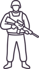 Obraz premium Simple Outline Doodle Soldier Standing Alert, Holding Rifle, Full-Body Military Vector Icon