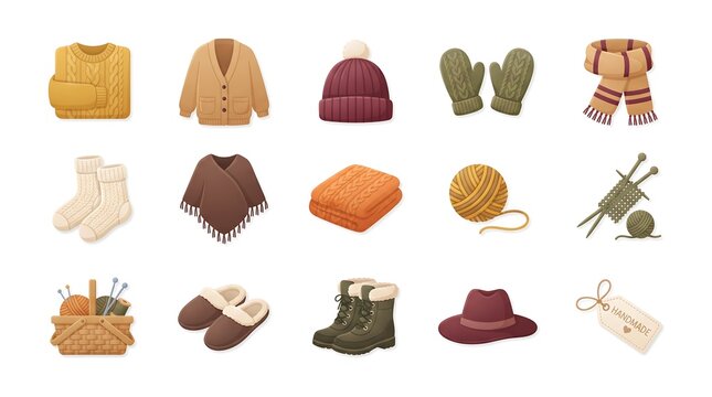 Cozy Winter Autumn Knitwear Clothes and Crafting Vector Set