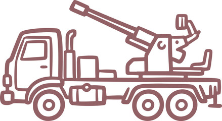 Obraz premium Hand-drawn Military Truck Equipped with Anti-Aircraft Gun Ready for Air Defense in Doodle Style Vector Illustration.