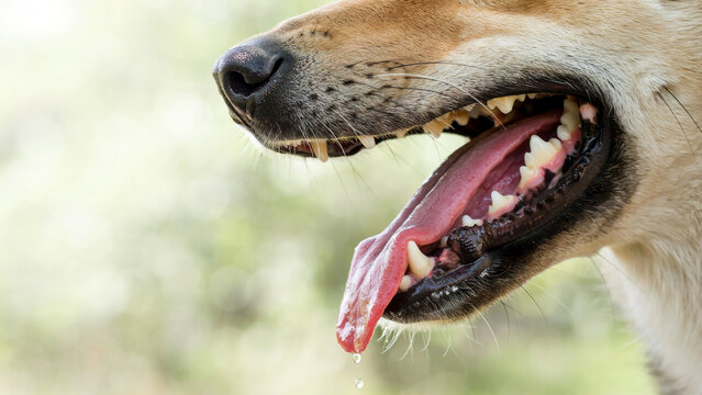 Close up of a dog panting. Canine mouth with tongue out and visible teeth.