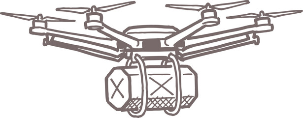 Obraz premium Hand-drawn vector doodle of a modern tactical drone flying, carrying an important package, illustrating military logistics concept.
