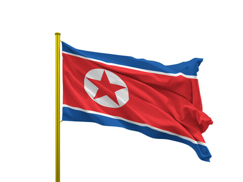 North Korea flag waving on a golden pole isolated on Transparent Background