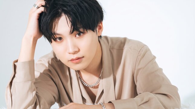 Portrait of handsome young Asian man in beige shirt, stylish modern fashion model posing with hand on head, casual elegant style, dark hair, silver necklace, looking at camera