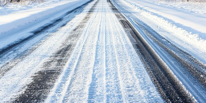 A tranquil winter road blanketed in snow offering a serene and picturesque journey through the cold landscape