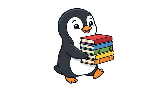 Cute cartoon penguin carrying a stack of colorful books