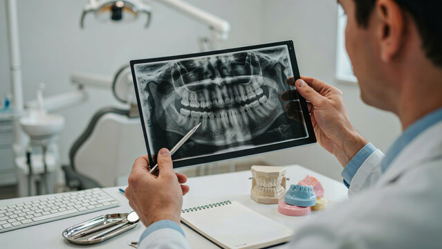 Dentist examining dental x-ray. Doctor analyzing panoramic teeth scan in clinic office.