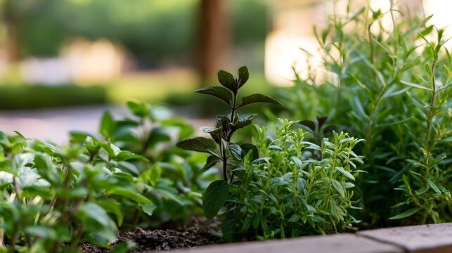 Fresh green herbs growing in a garden bed under soft natural light with blurred background foliage