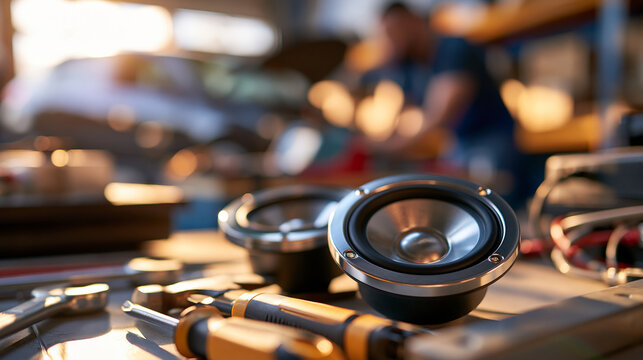 car audio speaker upgrade kit displayed on a bright workbench in an automotive workshop, vehicle sound system concept, installation components, professional equipment, mechanical