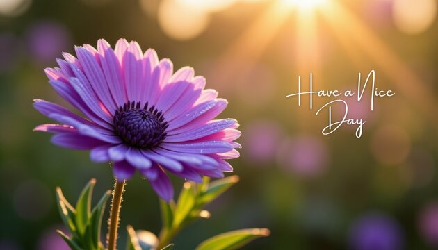 Have a Nice Day - purple flower covered in fresh dew drops glowing in warm sunlight, soft bokeh.