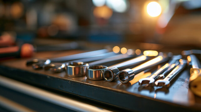 professional socket wrench set displayed on a bright workshop bench for automotive repair and mechanical maintenance, garage organization concept, handyman equipment, mechanical