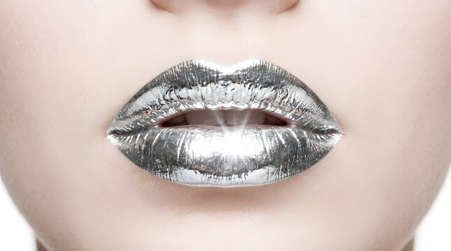 Close-up of glamorous woman's lips with bright metallic silver lipstick, featuring a high-shine reflective finish and professional makeup artistry for a futuristic beauty and fashion editorial.