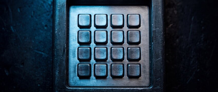 Metal keypad interface with blank buttons on dark industrial texture surface used for access control and secure entry systems in high security restricted areas.