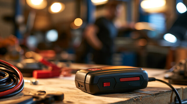 portable jump starter displayed on a bright workshop bench for emergency vehicle battery support, roadside assistance concept, automotive equipment, travel safety, mechanical