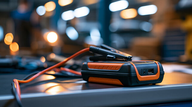 portable jump starter displayed on a bright workshop bench for emergency vehicle battery support, roadside assistance concept, automotive equipment, travel safety, mechanical