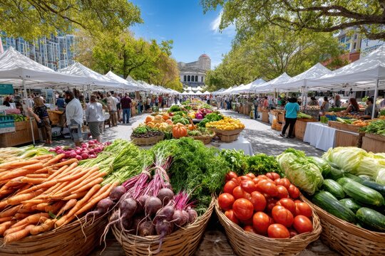 Vibrant Outdoor Farmers Market with Fresh Produce and Shoppers