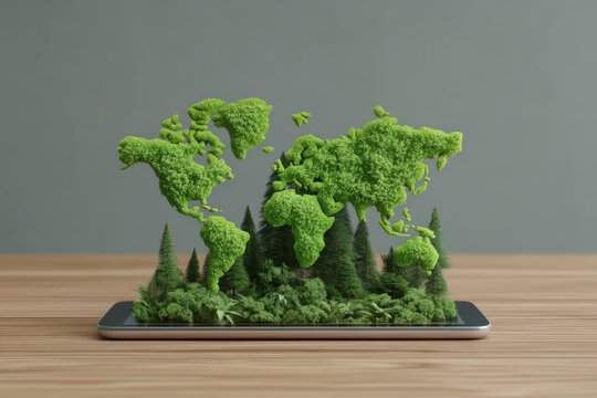 A digital tablet displays a 3D world map made of green foliage, with trees emerging from the screen, symbolizing technology and environmental connection.